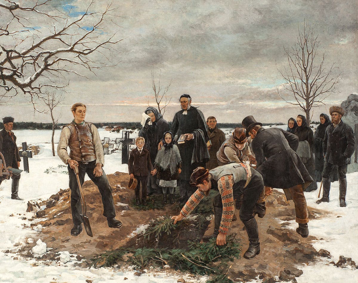 Änka med barn under begravning. Änka med barn under begravning.